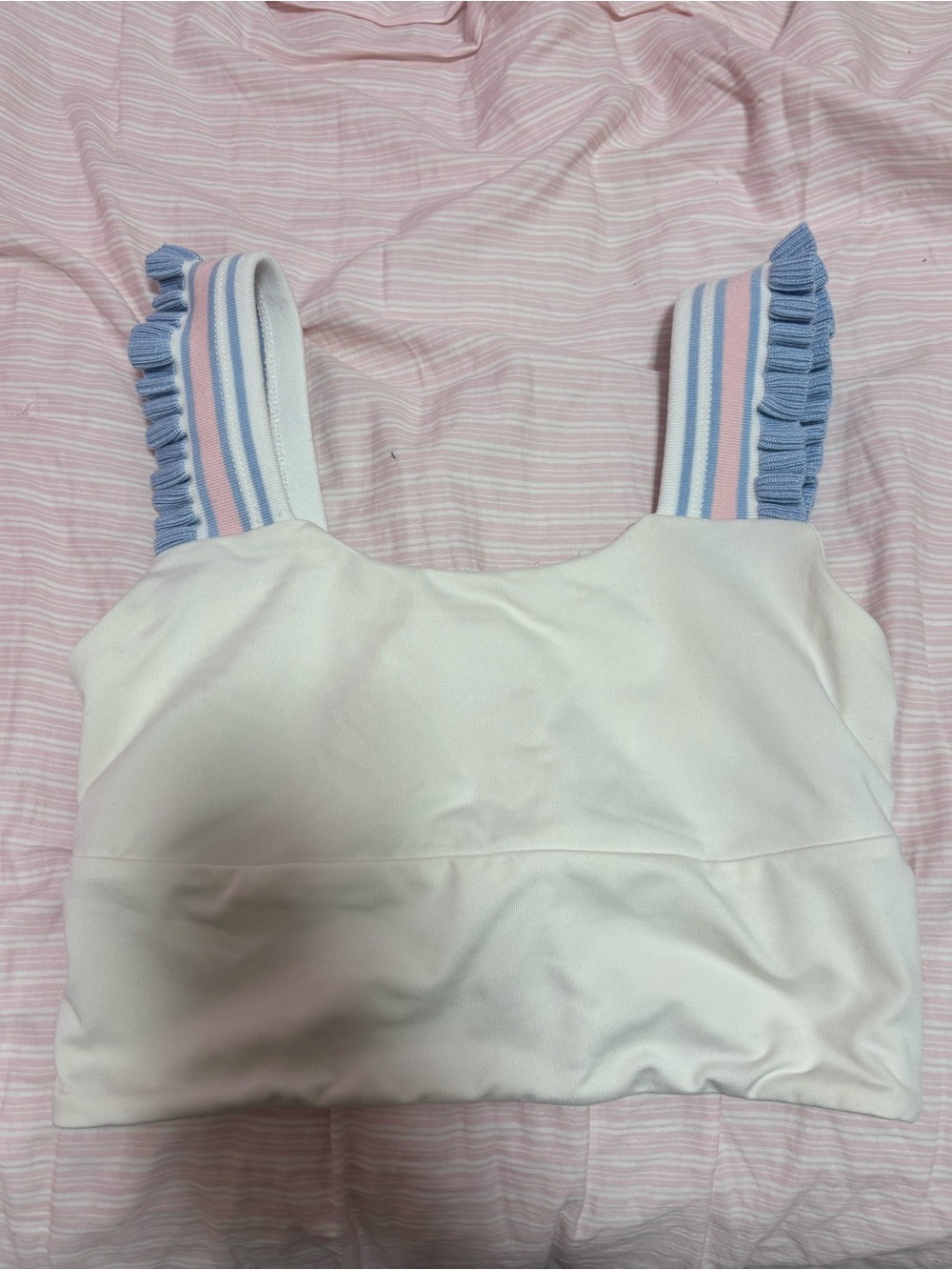 Altar'd State White Crop Tank with Pink & Blue Ruffle-Strap Detail